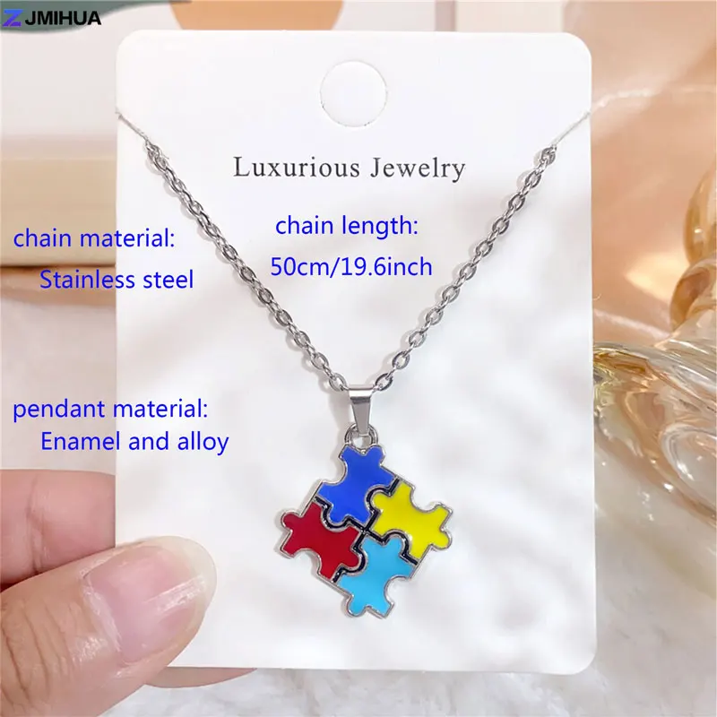 50 سنتيمتر الفولاذ المقاوم للصدأ سلسلة قلادة التوحد الوعي لغز قلادة القلائد للنساء الفتيات مجوهرات الأزياء #5