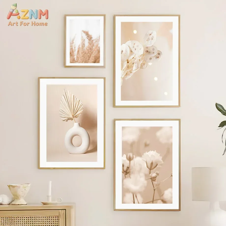 AZNM Boho Pampas Grass Canvas Wall Art Palm Leaf Flower Print for Neutral Living Room Bedroom Decor No Frame