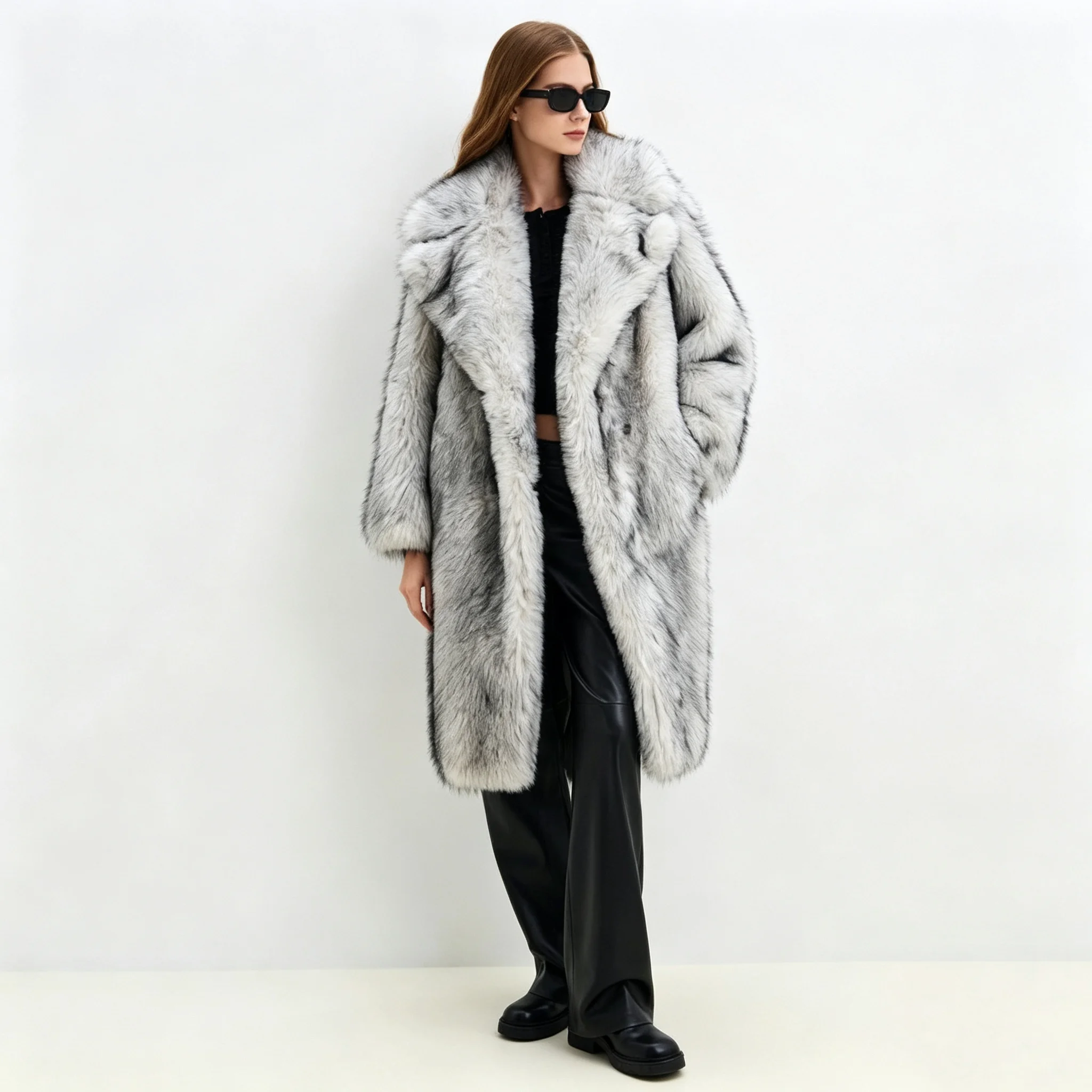 RU Women Faux Fur Long Coat Lapel Collar Long Sleeve Thick Warm Plush Outerwear Autumn Winter Loose Fashion Street Outer Jacket