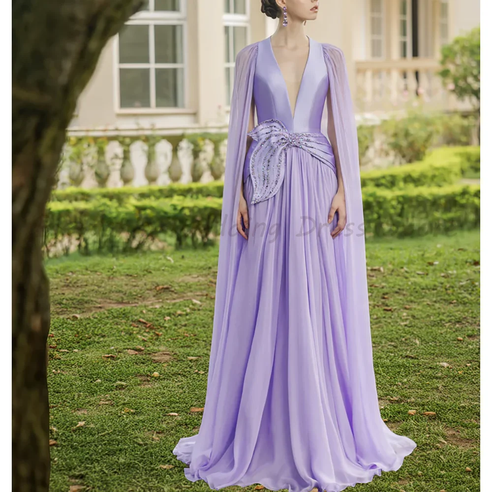 Vestido de noche de gasa color lavanda con cuello en V profundo, manga tipo capa, lazo de diamantes de imitación en la cintura, corte en A, formal, para invitadas de boda o fiesta