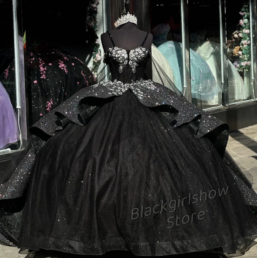 Glitter Vestidos De 15 años Black Chapel Train Elegant Ruffles Suspenders Tight Prom Birthday Vestidos De Fiesta