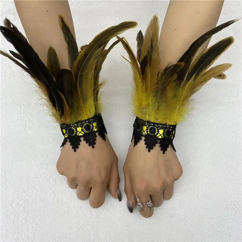 2pcs Lace Feather Wrist Cuffs Black Real Natural Dyed Rooster Feather Arm Warmers Party Cosplay Costume Accessory Feather Gloves