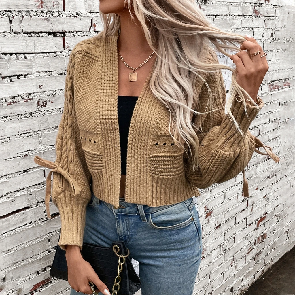 

Women's Long-Sleeved Lace-Up Knitted Cardigan Jacket European American Style Short Bow Design Autumn Outerwear All-Match Top