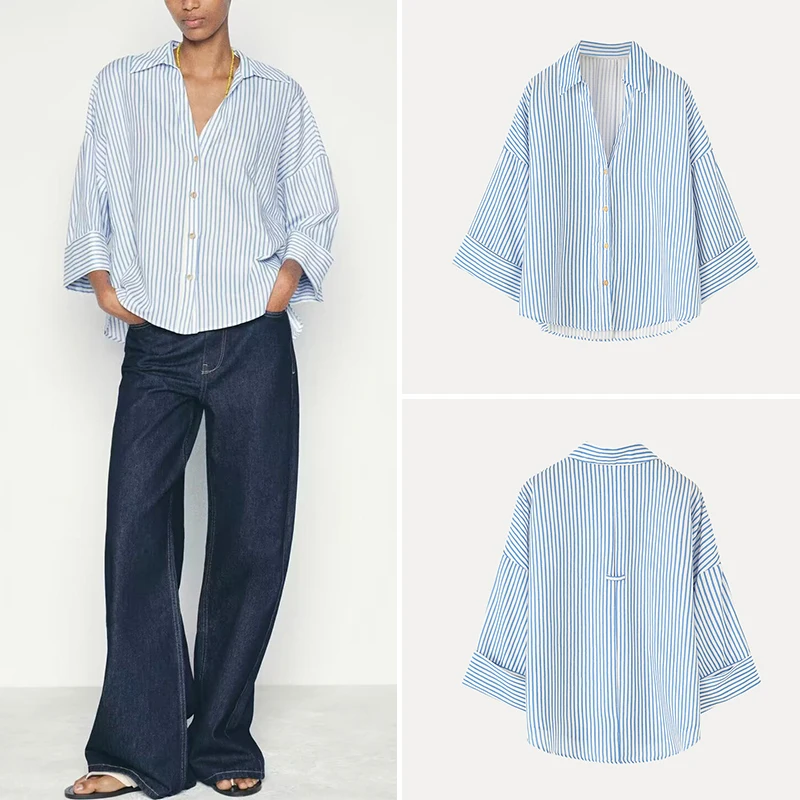 

Z Women's Faionable Striped Linen Blend irt Artistic Loose Fit Long Sve Classic Collar Single Button Closure
