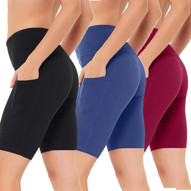 High Waist Yoga Shorts With Pockets Gym Running Fitness Butt Lifting Pants Women's Sweat Absorbent Breathable Leggings