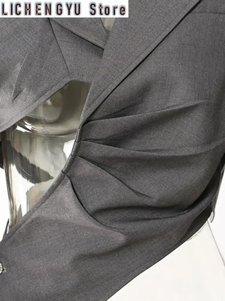 Women Gray Irregular Pleated Elegant Blazer New Lapel Long Sleeve Loose Fit Jacket Fashion Tide Spring Autumn