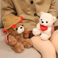 Lovely 16/25CM Bear Plush Toy Romantic Red Heart Rose Bear Doll Cute Soft Holding Flowers Bear Doll Home Decoration 3