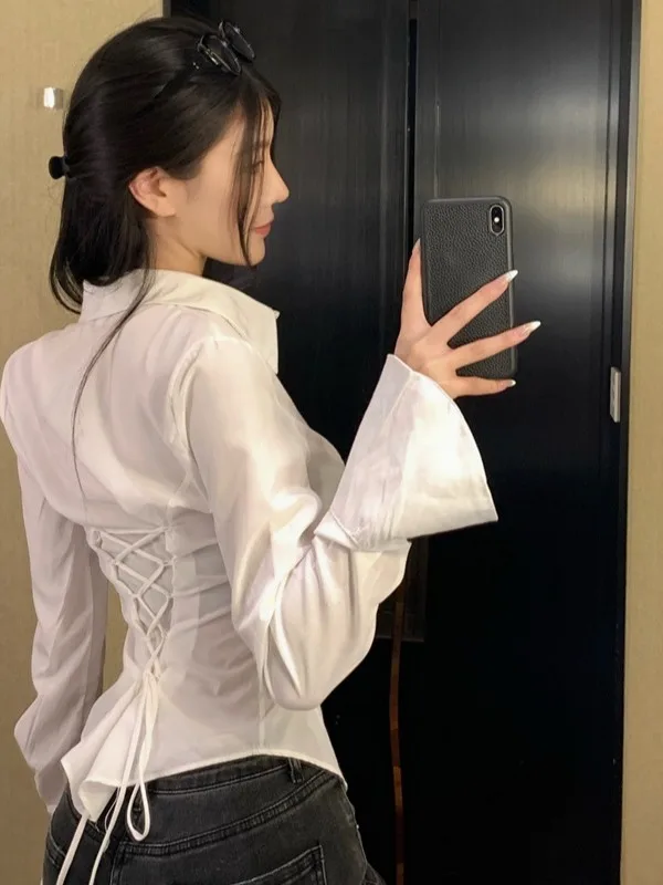 White Slim Fit Shirt Women's High Waist Short Style Belted New 2026 French Style Button Detail Splice Long Sleeve Pure Color