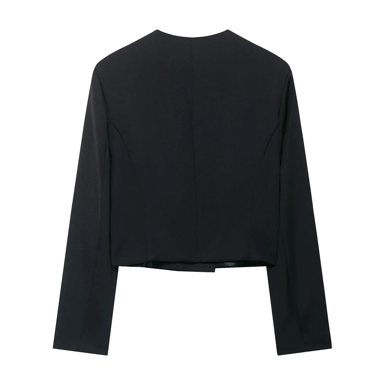 سترة نسائية سادة بأكمام طويلة ورقبة دائرية مزدوجة الصدر وأزرار معدنية سترة قصيرة ضيقة للمكتب