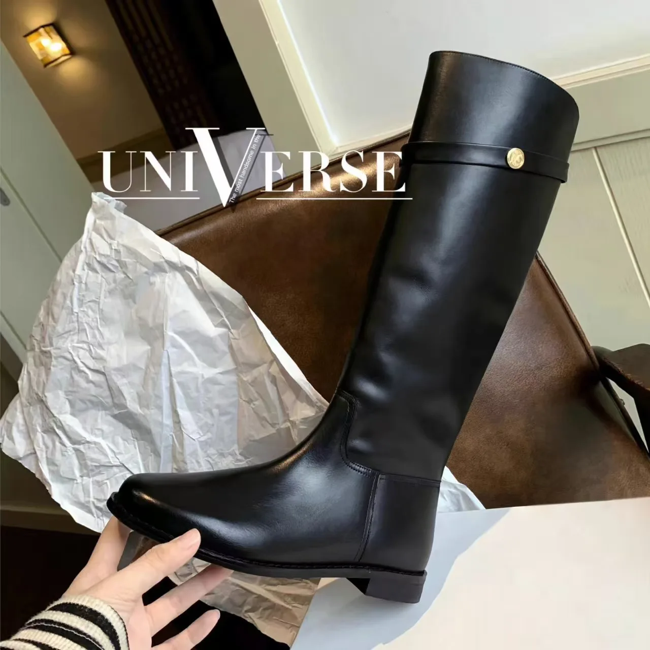 

2025 Women Boot Leather Ride Boot Tube Vintage Little Gold Buckle knee-high Boots Sleeve Boots Woman shoes
