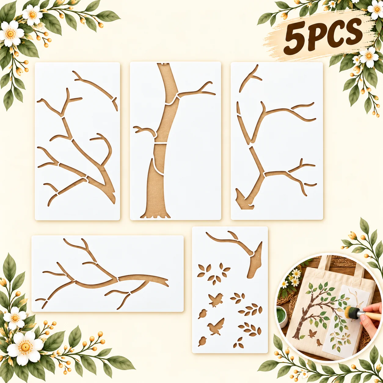 5PCS Tree Branch Stencils Reusable Bird Leaf Painting Templates for Wall Wood Furniture Canvas DIY Crafts Home Garden Decor