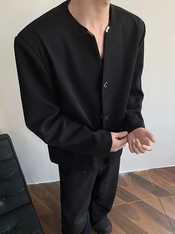 Black V-Neck Casual Suit Jacket for Men Loose Fit Youthful Style Polyester Fiber Anti-Wrinkle Daily Wear Online Exclusive