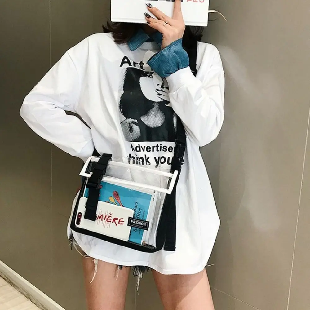Square PVC Messenger Bag Large Capacity Waterproof Transparent Crossbody Bag with Removable Strap Button Casual Shoulder Bag