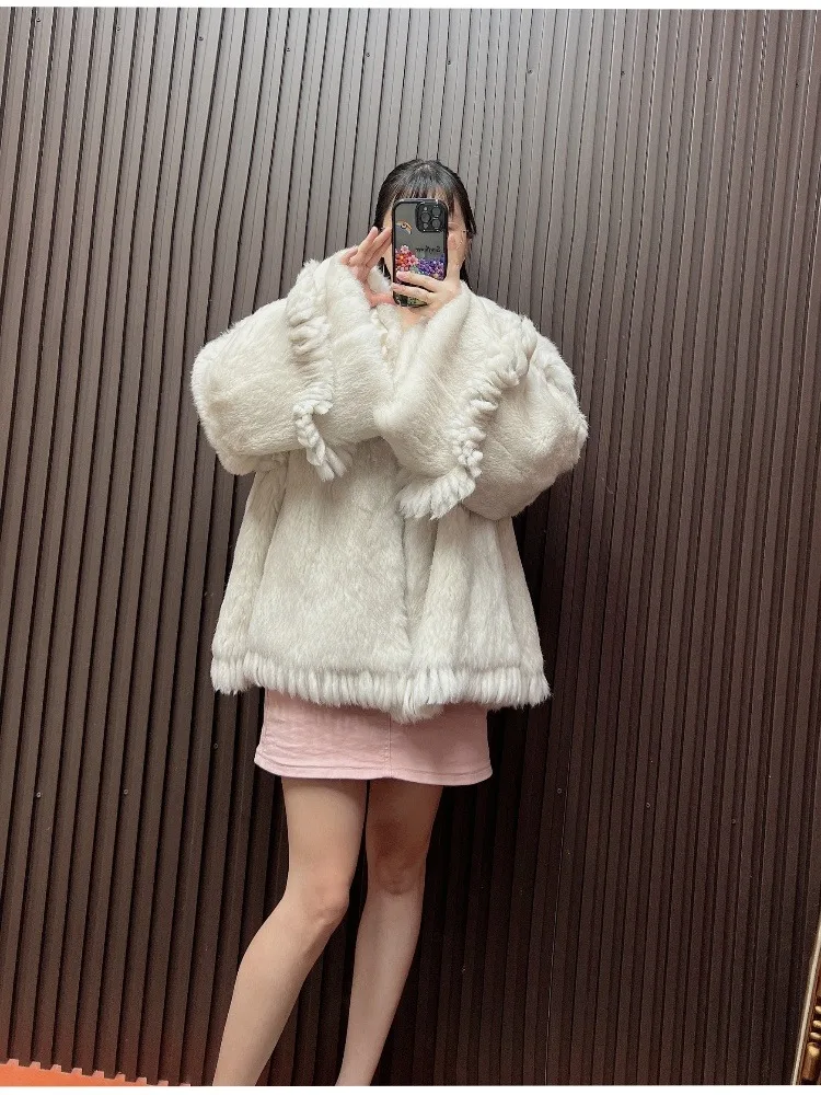 Damski płaszcz z prawdziwego futra królika, miękki, puszysty, zimowy, kurtka, płaszcze, moda uliczna, koreański Casaco Feminino