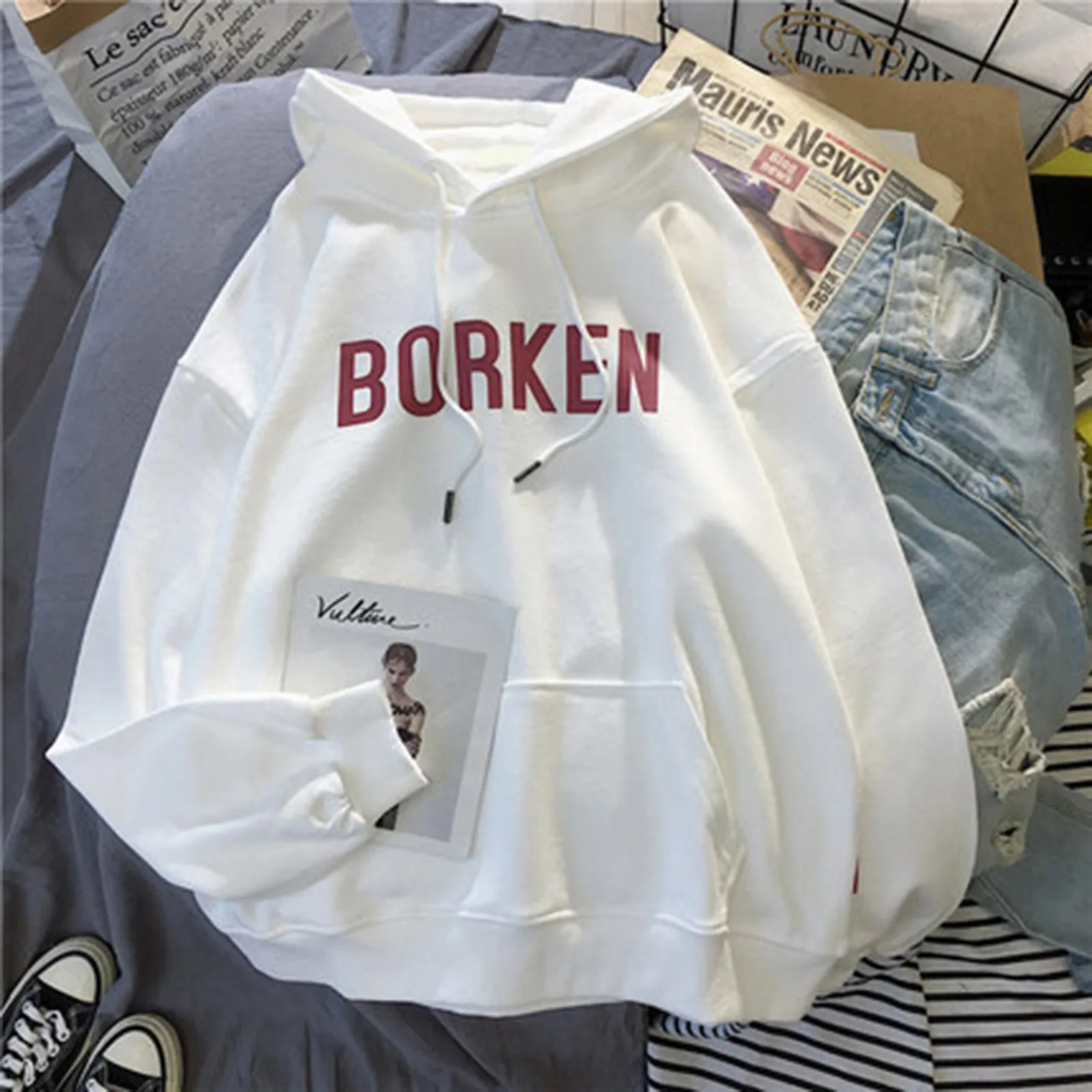 Sudadera con capucha para mujer, suéter de manga larga con estampado de Borken, color blanco, sólido, Y2k, Harajuku