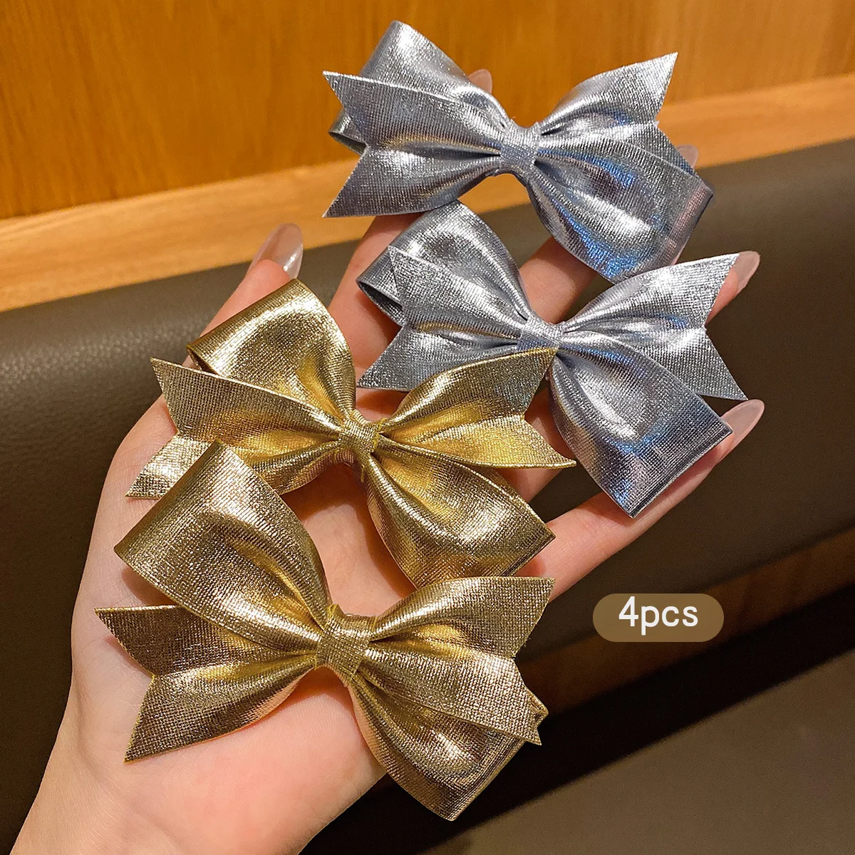 4 fashionable bow hair clips in gold and silver, suitable for daily use as hair accessories