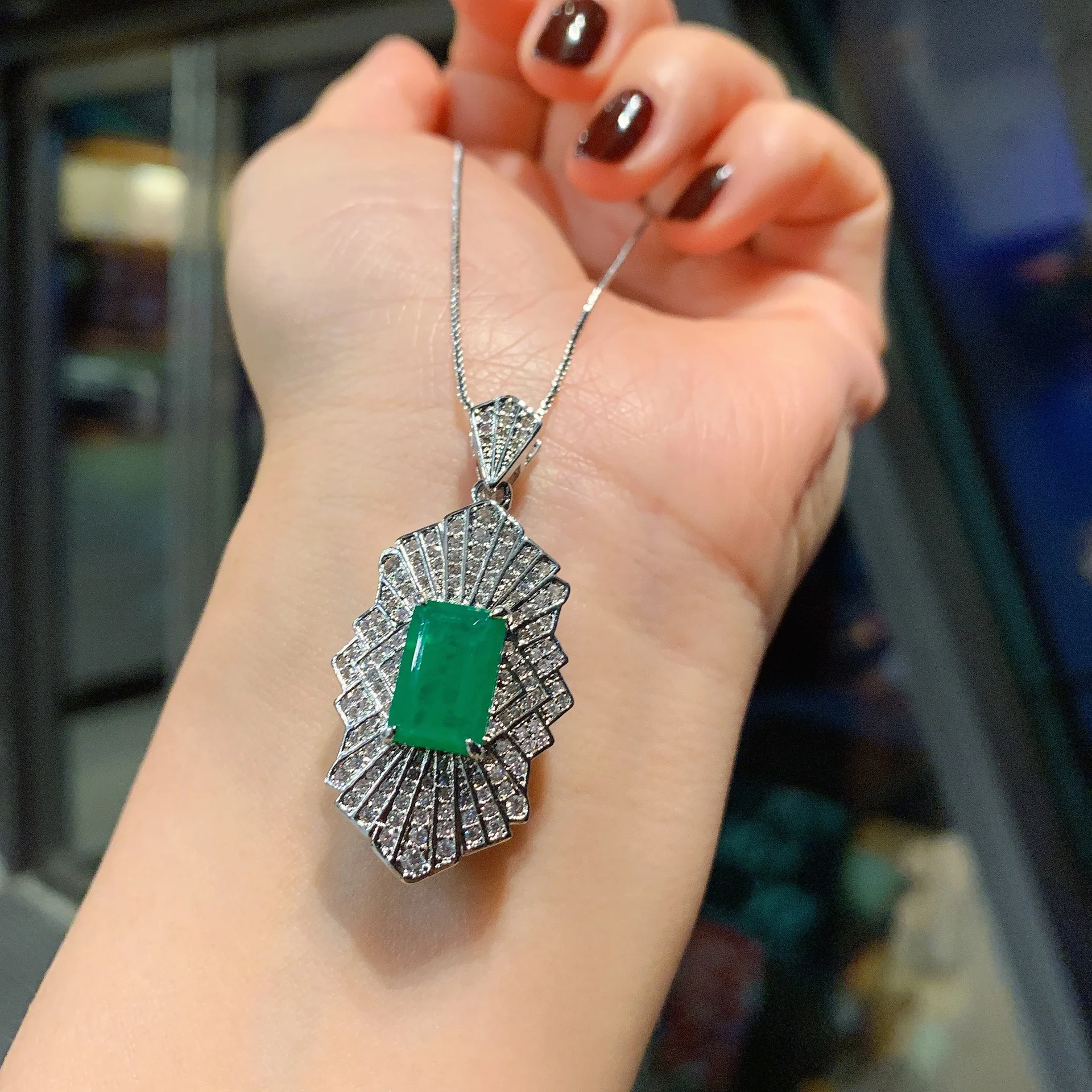 Fashion 925 Sterling Silver 8*12mm Emerald Green Gemstone High Carbon Diamond Pendant Necklace Ring Set Women Jewelry Gift