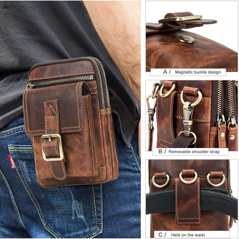 Vintage Waist Packs Adjustable Strap Cowhide Genuine Leather Small Purse Crossbody Shoulder Bag Buckle Zipper Closure Phone Bags