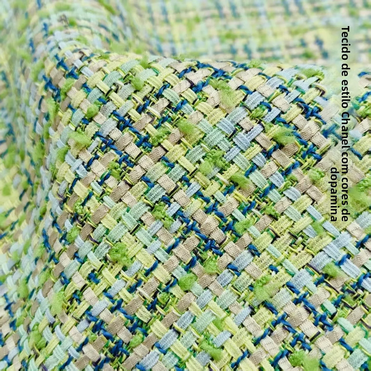 Tecido Tweed Azul Esverdeado Estilo Menta Fresca Pequeno com Trama Grossa para Roupas, Bolsas e Calçados