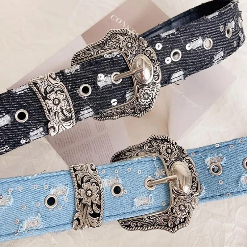 Sabuk Lebar Vintage Y2K untuk Wanita, Sabuk Kulit Denim Berongga Retro Punk untuk Gaun Rok, Aksesoris Fashion
