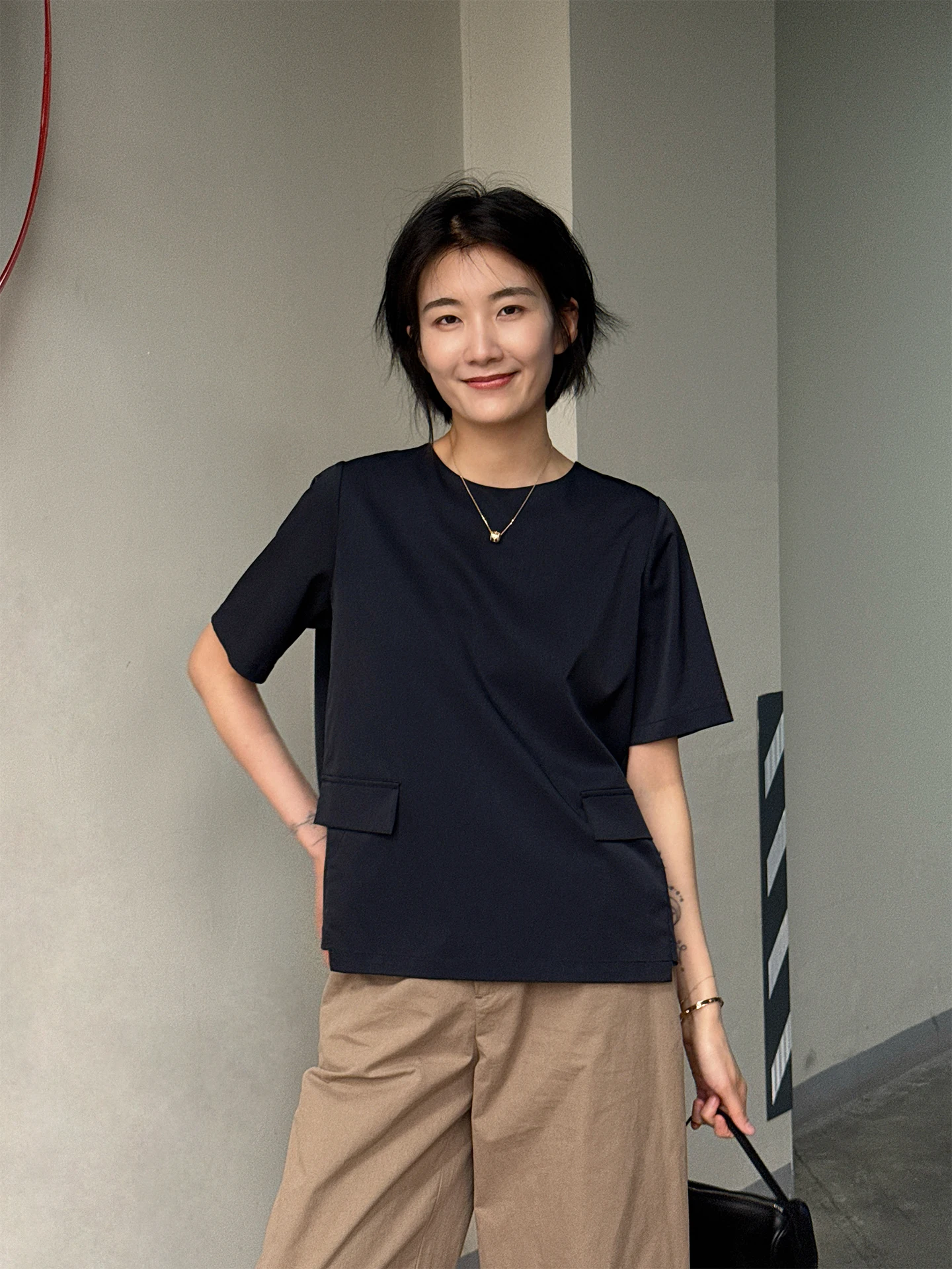 

Женский топ Langqing Tong Slimming синего цвета с круглым вырезом, свободного кроя, на весну-лето, новинка