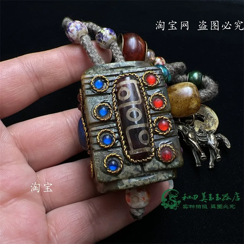 Vintage Jade Xiuyan Jade Carved Jade Hand Pieces Inlaid Gem Nine-Eye Pendant