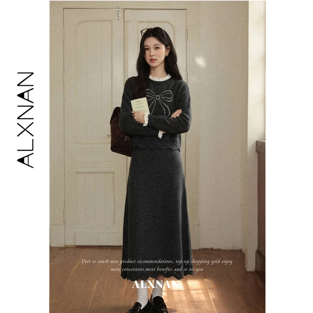 ALXNAN Women's Gray Skirt Elastic High Waist A-line Hollow Lace Hem Skirt 2026 Elegant Fashion Casual Ladies Clothing L680107A