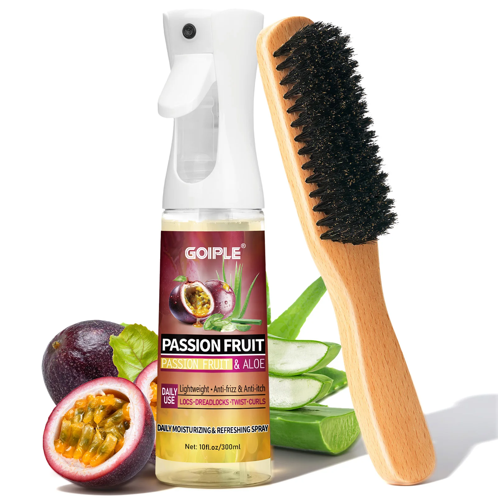 

Loc Moisturizer Spray with Passion Fruit & Aloe - 10oz Continuous Fine Mist for Daily Refresh - Plus Wooden Brush - Anti-Frizz & Anti-Itch Hair Care Set for Dreadlocks, Twist, Curls & Slick Back Styles