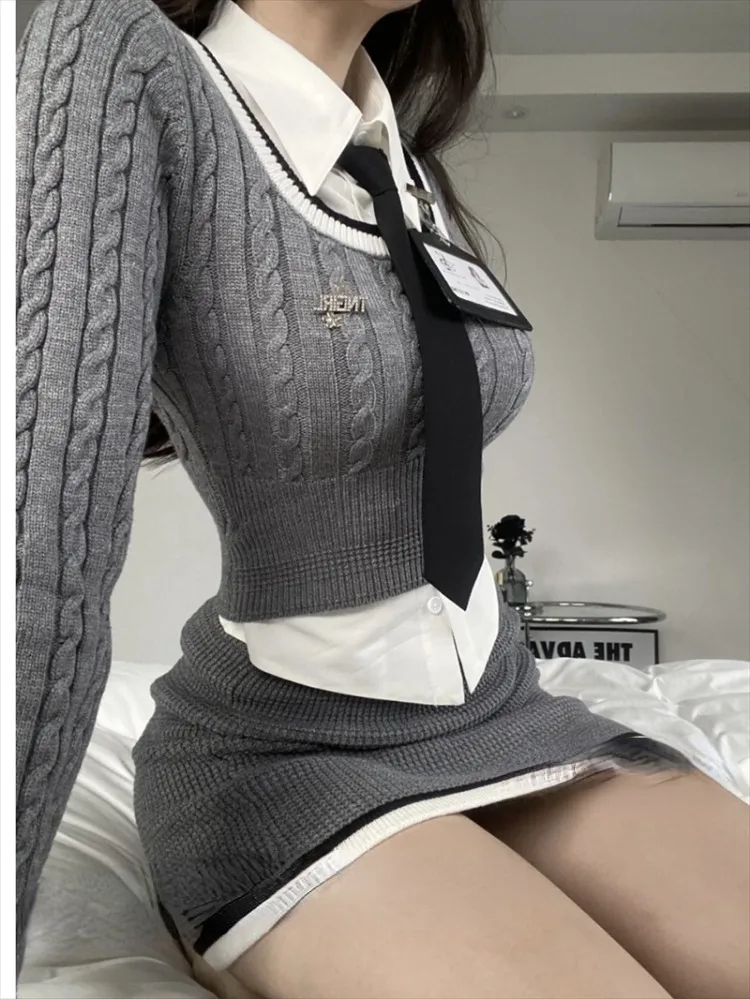 Fashion Knitted Suit Woman Y2k Crop Tops Sweater + Casual Shirt  Slim Bodycon Mini Skirt Korean 3 Piece Set  2024 Autumn