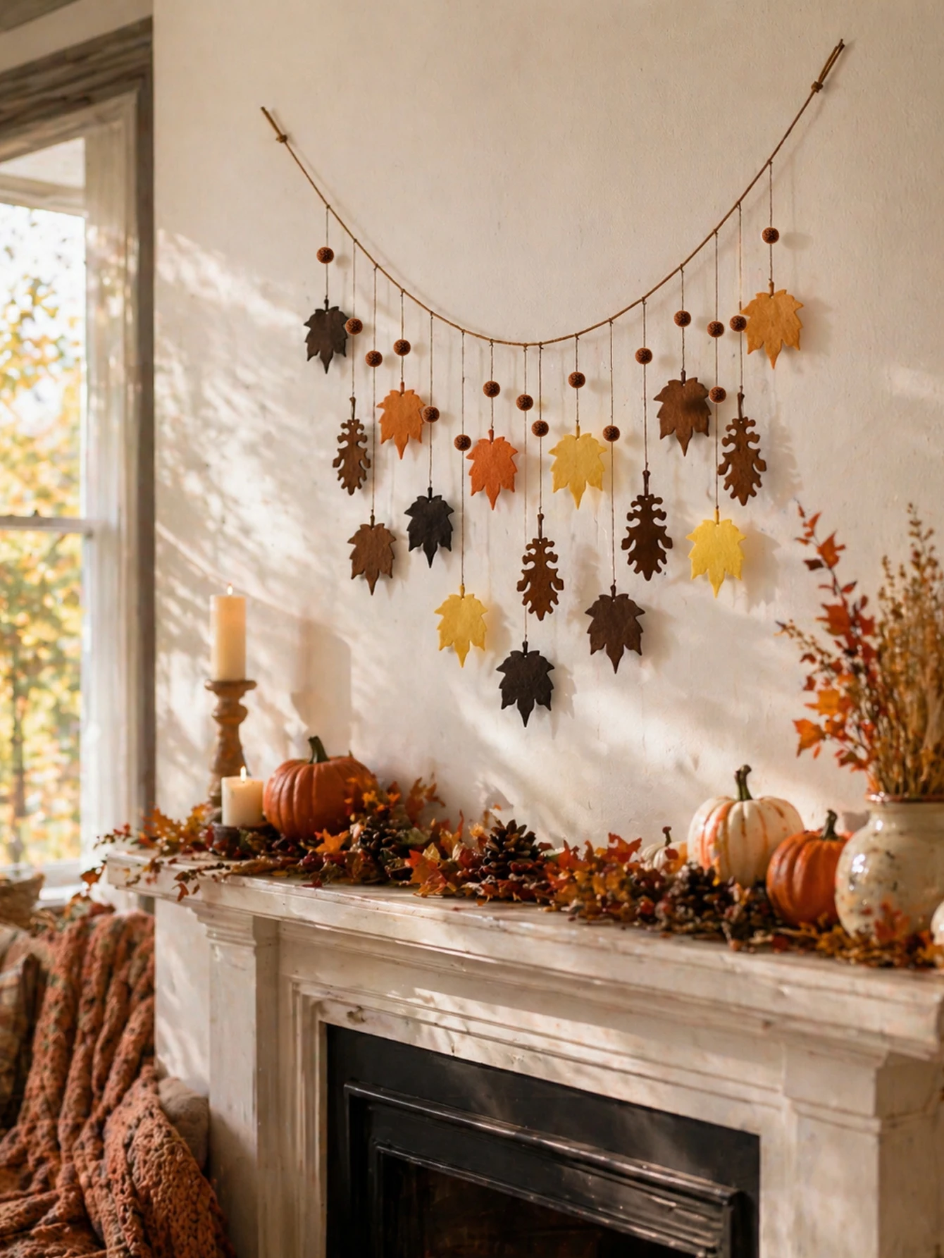 Fall Felt Maple Oak Leaf Garland Pom Banner Thanksgiving Harvest Fireplace Window Farmhouse Home Wall Hanging Party Decor