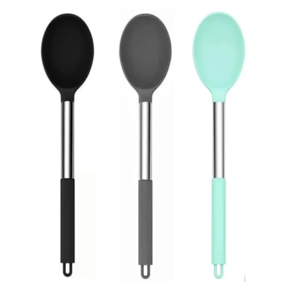 

Silicone Solid Cng Spoon Set 13.2" 3-Pack Large Stainless Steel Handle Non Stick Server Spoon Heat Resistant 600°F Metal Bastin