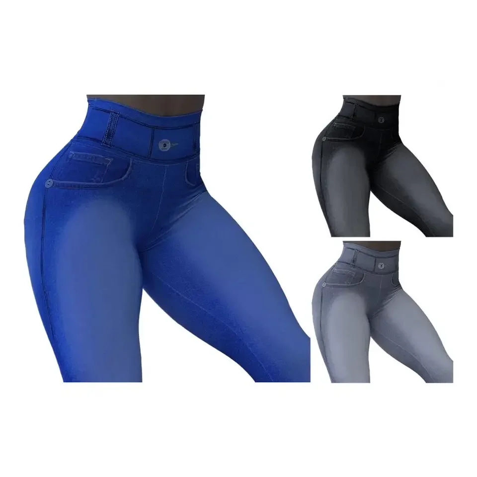 

2025 Autumn Winter Women's High Waist High Elastic Denim Leggings Solid Color Fitness Sports Yoga Pants Leggings