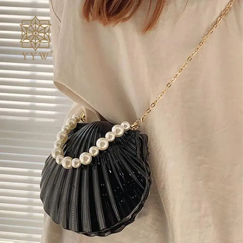 Acrylic Shell Shaped Evening Clutch Handbag with Pearl Top Handle Fashion Plating Women Wedding Banquet Purse Chain Shoulder Bag