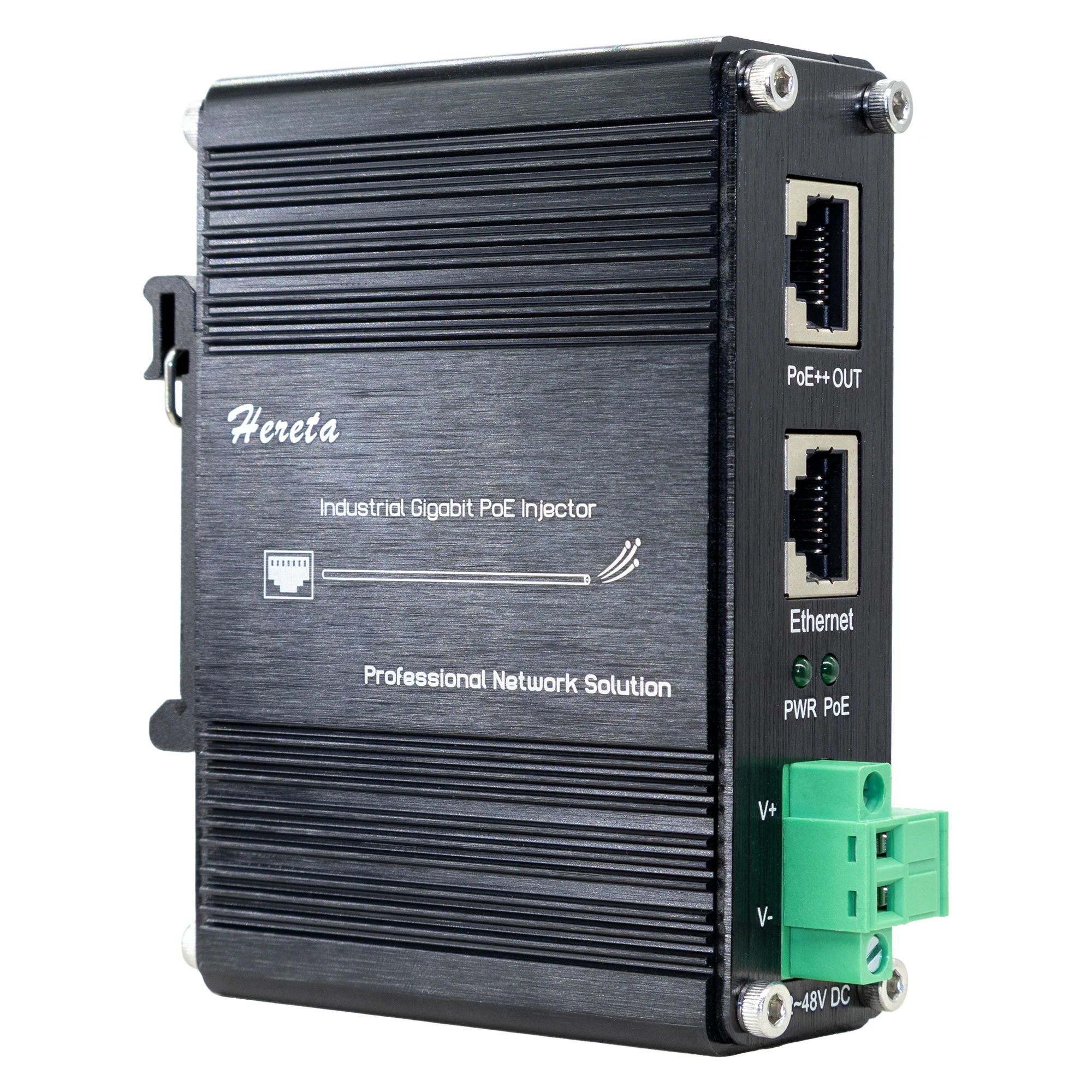 Industrial Switch PoE++ Ethernet Injector 2.5/5/10G 802.3bt 90W 2 RJ45 Port 12~48VDC Input Din Rail Wall Mount Aluminum Case