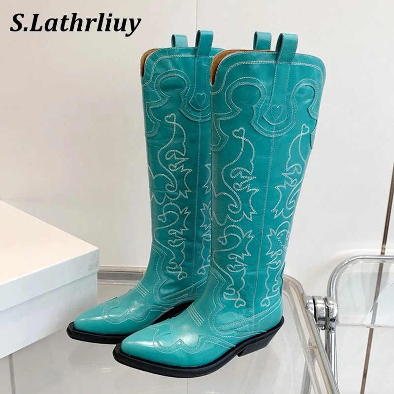 Autumn Winter Embroidery Pointed toe Knight Boots Women's Genuine Leather Fashion Long Botas Mixed Color Mid Heels Short Boots