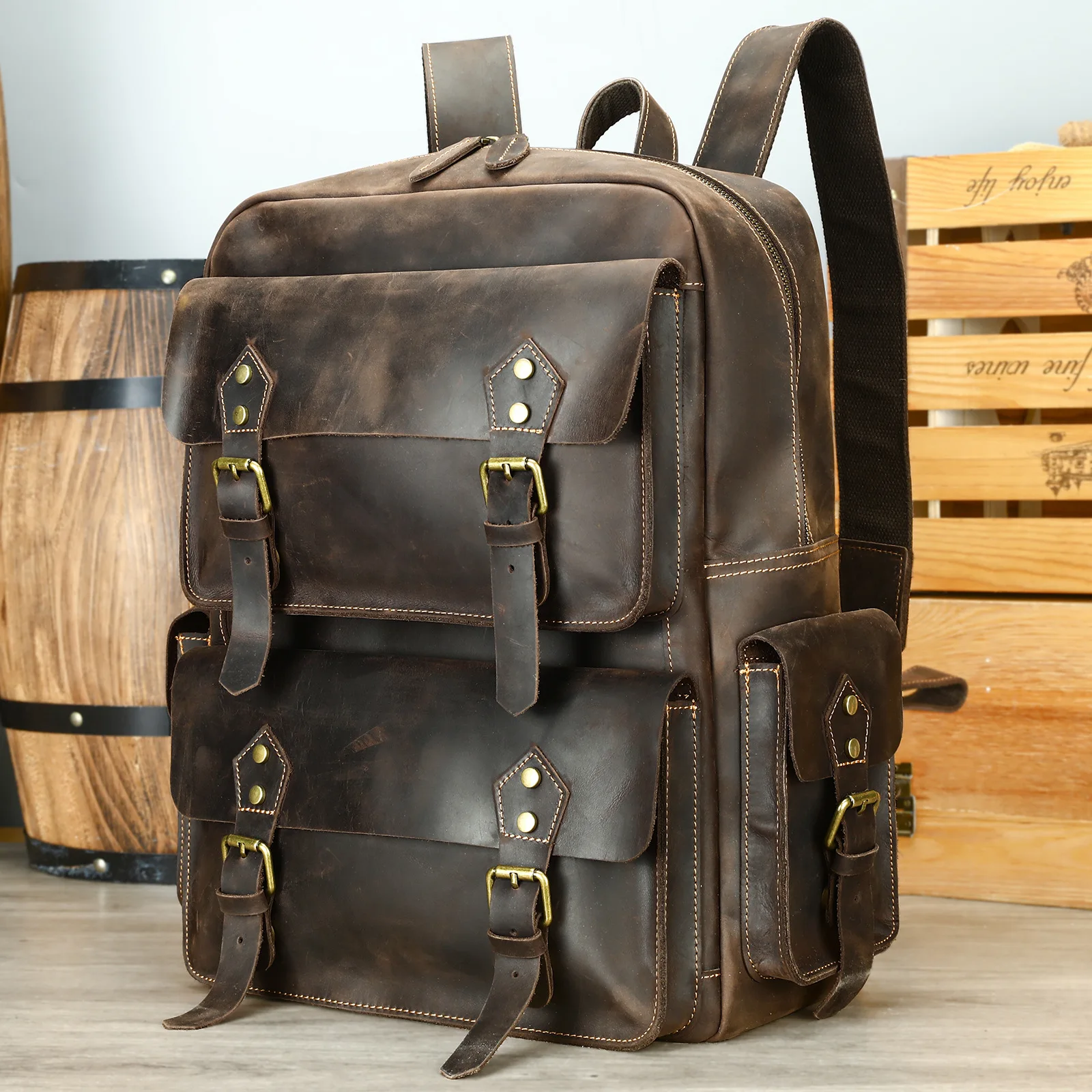 Vintage Genuine Leather Men's Backpack Travel Outdoor Casual Top Layer Cowhide Rucksack Large Capacity Business