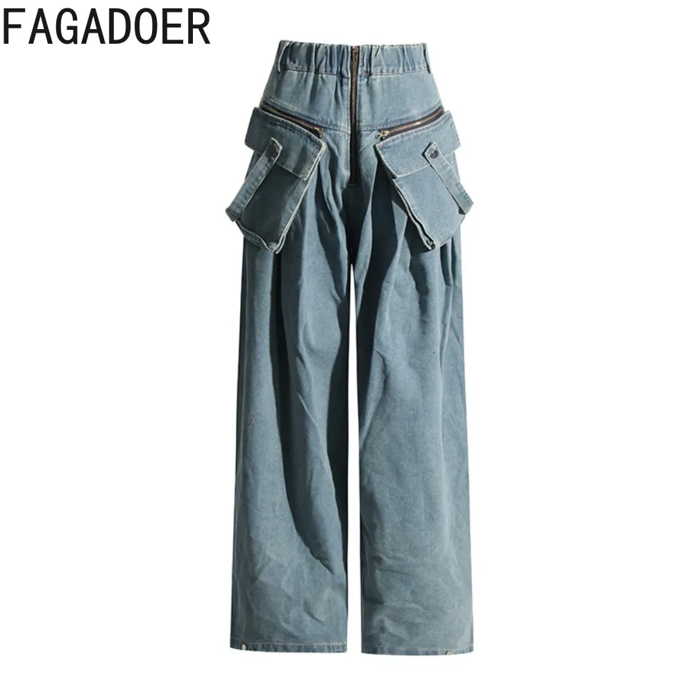 FAGADOER Blue Denim Fashion Pocket Loose Wide Leg Pants Women High Waisted Zipper Design Straight Jean Casual Cowboy Bottoms New