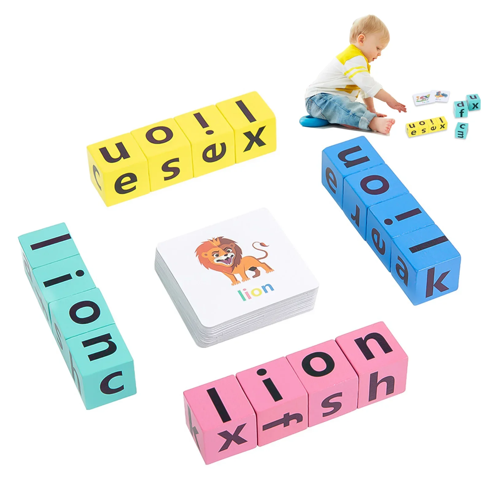 

Wooden English Words Spelling Playset Montessori Toys Alphabet Spelling Blocks Fun Early Education Gift for Preschool Boys Girls