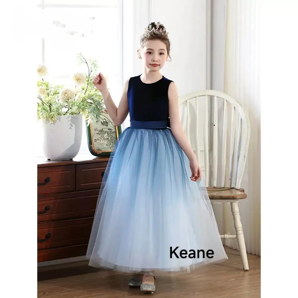 Abito da ragazza di fiori alla caviglia blu royal sfumato personalizzato con cintura con fiocco in tulle per abito da festa