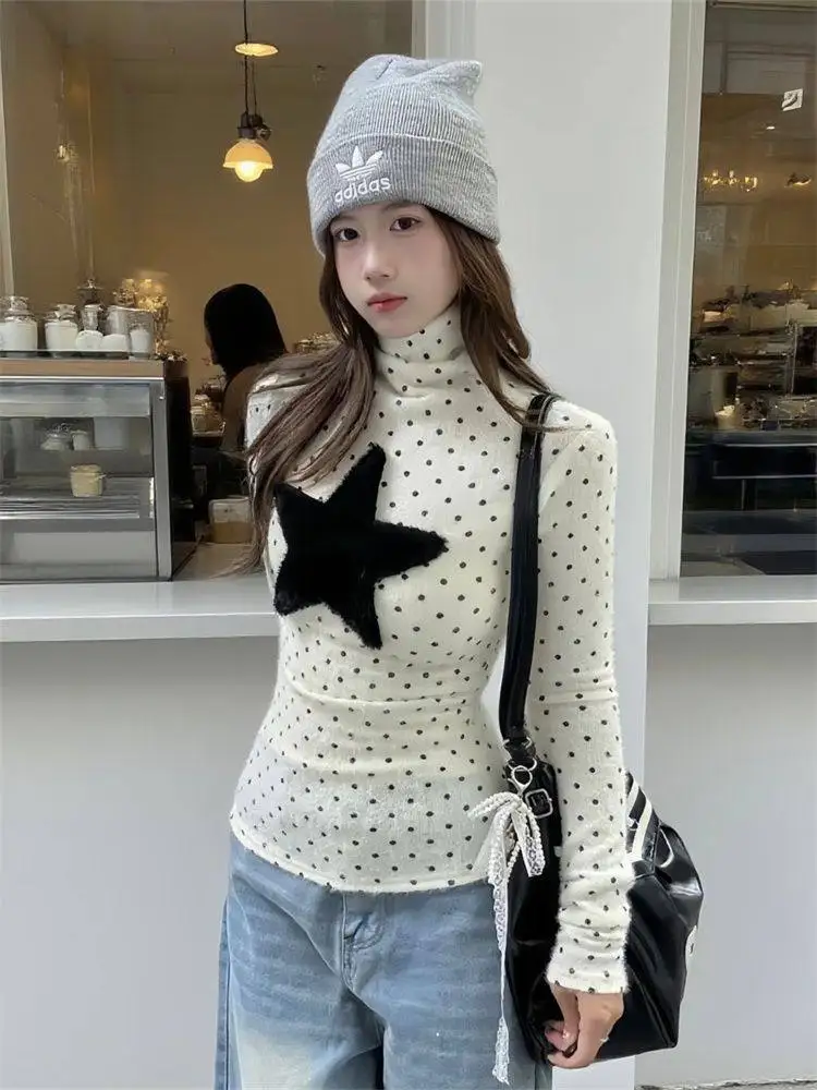 Y2K Polka Dot Tshirt Women Retro Sweet Pile Collar Long Sleeve Korean Style Age Reducing Slimming Top