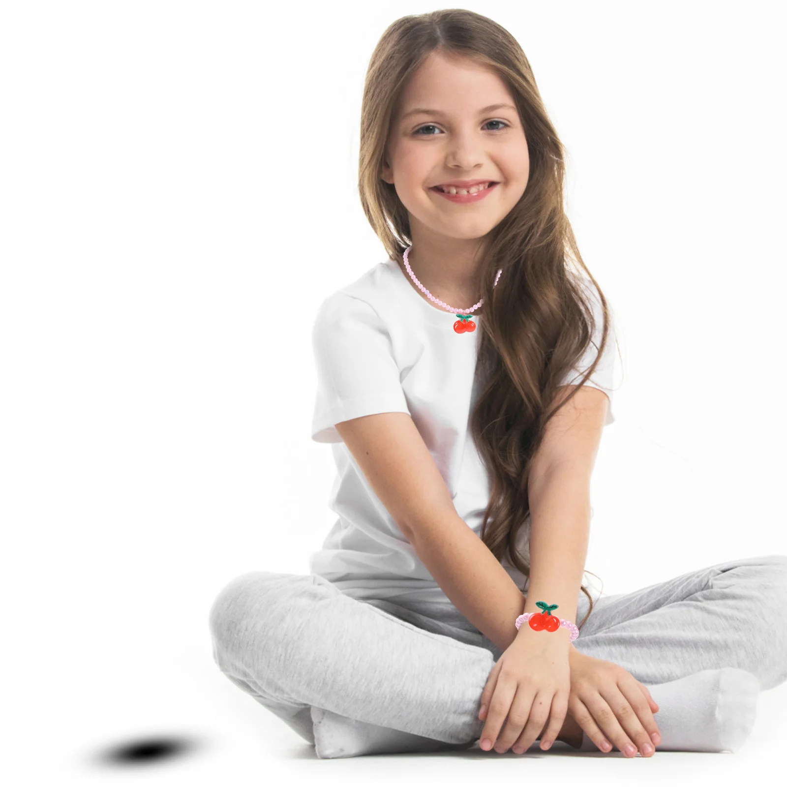 3Pcs Cherry Pendant Necklace Kids Pearl Jewelry Pink Imitation Pearls Durable Glossy Strong Strand Perfect for Birthday Wedding