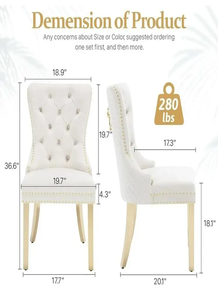 

Set of 6 Velvet Tufted Dining Chairs with Nailhead Trim, Back Lion Head Pull Ring, and Rhomboid Pattern