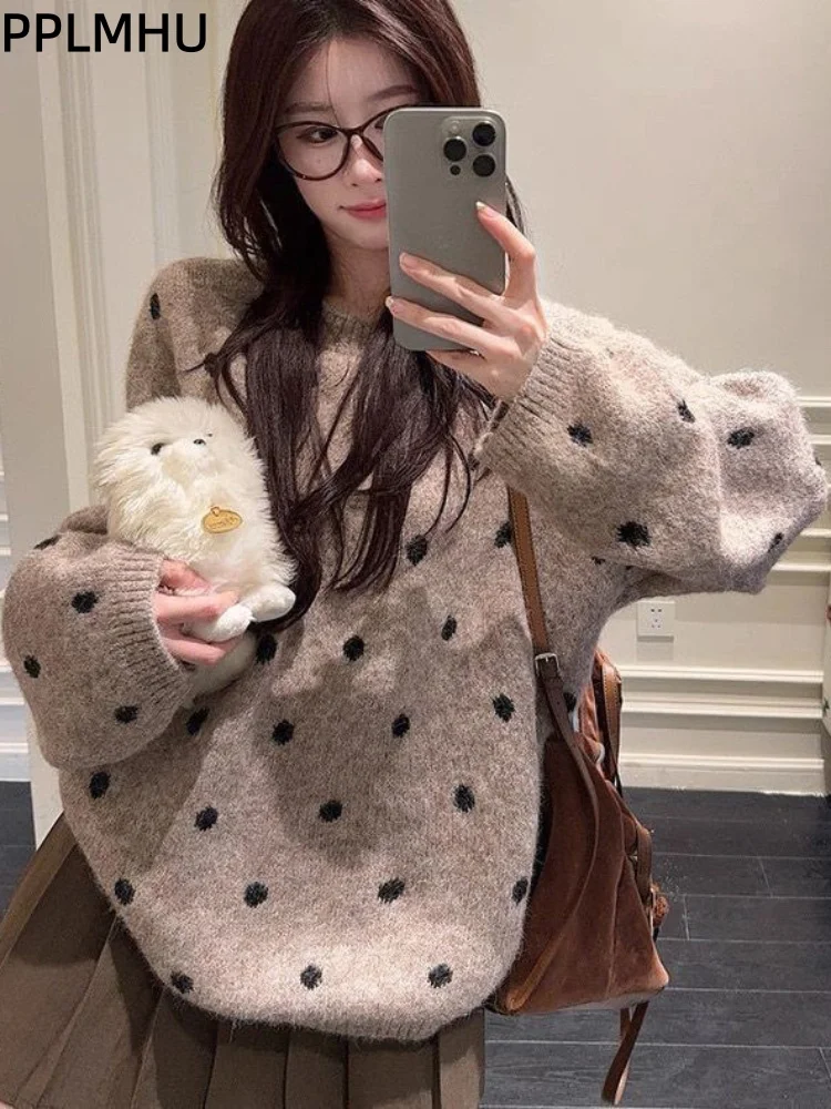 

O-Neck Fashion Dot Knitted Sweater Women's Casual Thickened Baggy Soft Pullovers Loose Long Sleeved Warm Bottom Sueter Jumpers