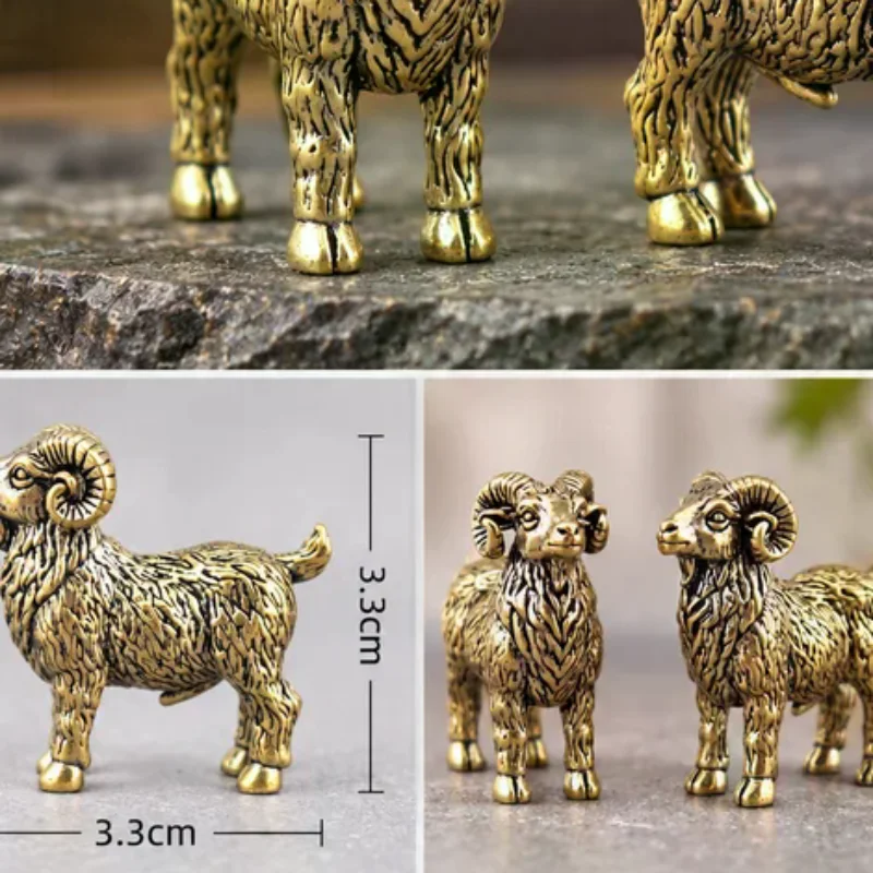 Ram Goat Figurine Brass Miniature Animal Statue Desktop Ornament Vintage Home Decor Crafts Accessory