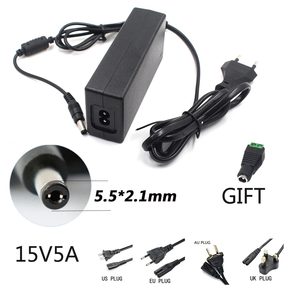 

15V5A AC 100V-240V DC 15V 5A Switching Power Supply 15 Volt Universal Power Adapter Transformer LED Lamp AC/DC Charger 5.5-2.5mm
