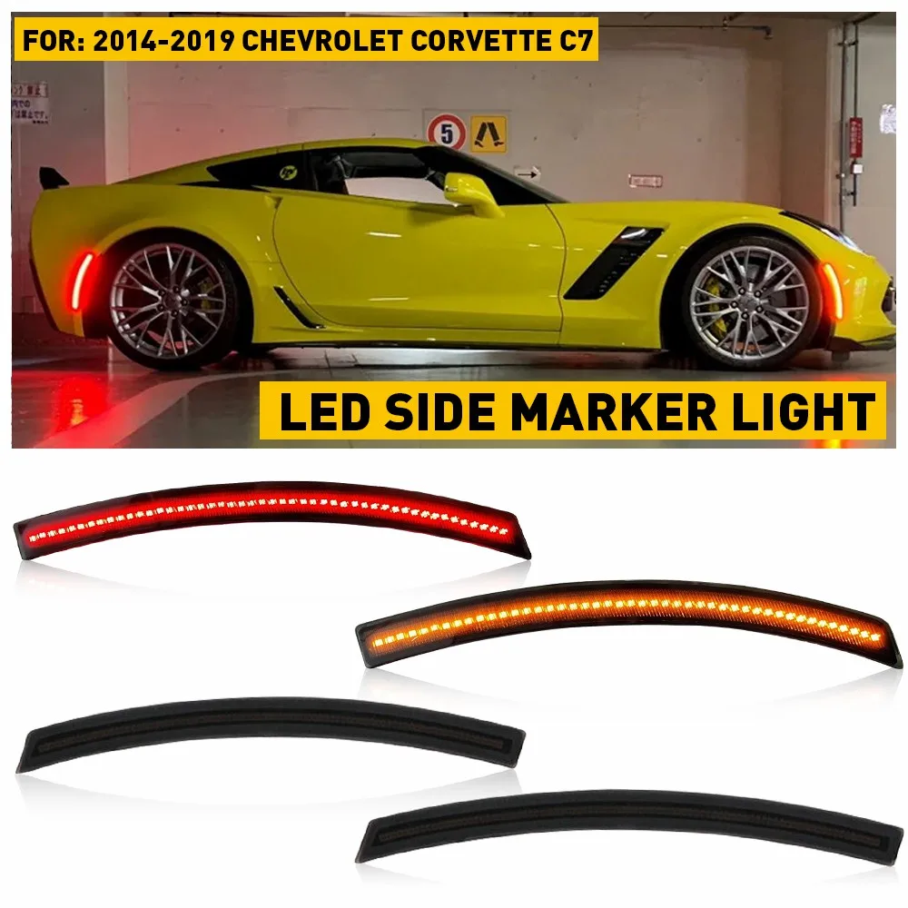 

4x For Chevrolet Chevy Corvette C7 2014-2019 Accessories Smoked Lens LED Side Marker Lamp Amber Front Red Rear Side Fender Light