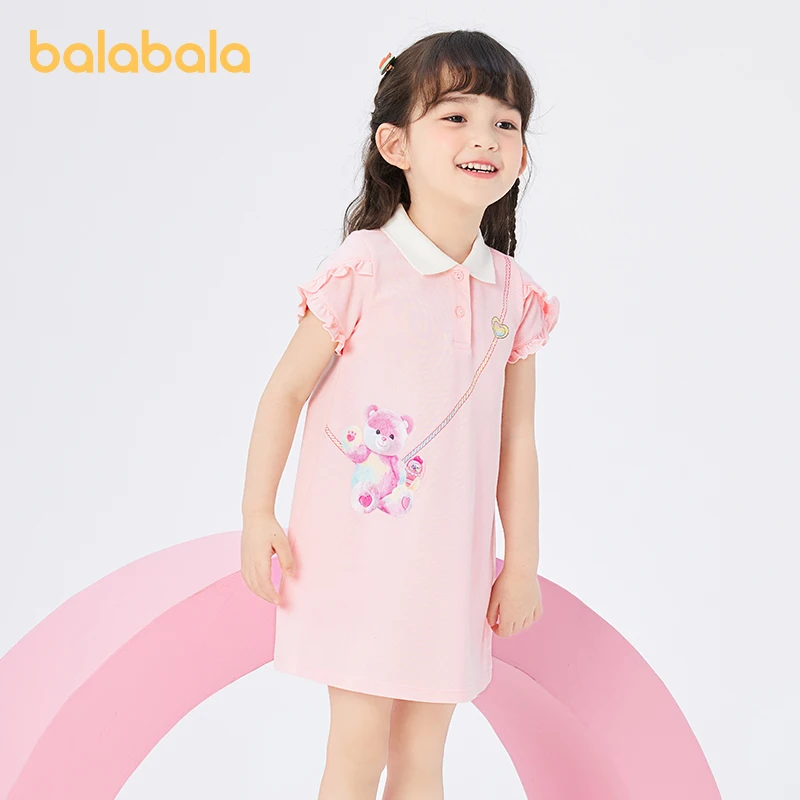 Balabala Kids Clothing Girls Children 2024 Summer New Dress Girls Stylish Polo Dress Baby Dress Sweet and Lovely Printed