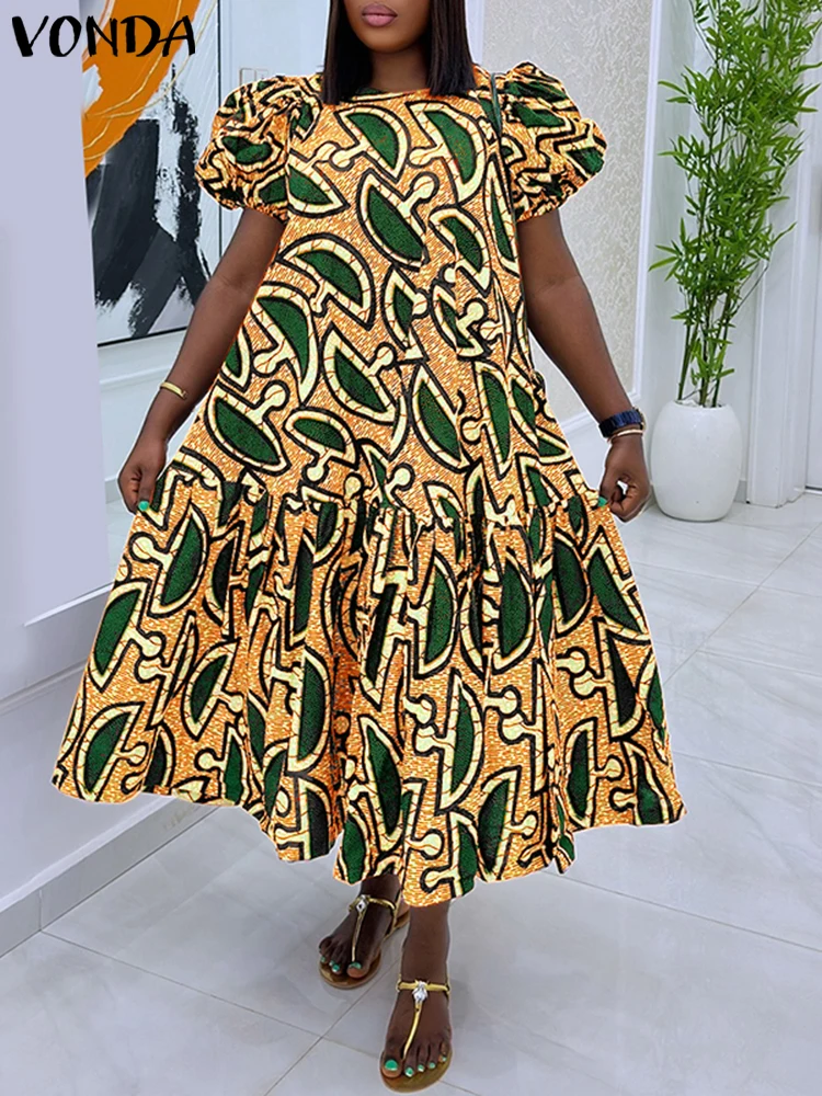 

VONDA Women Vintage Print Dress Summer Party Sundress 2025 Puff Sleeve Loose Vestidos Casual Ruffled Midi Robe Femme