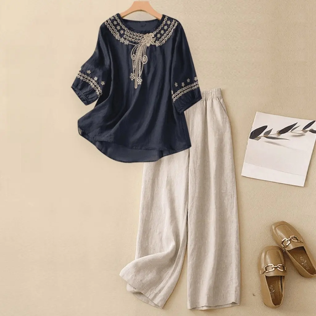 

Женский летний стильный хлопковый льняной костюм, комплект из двух предметов, рубашка с вышивкой в новом стиле для мамы, широкие брюки