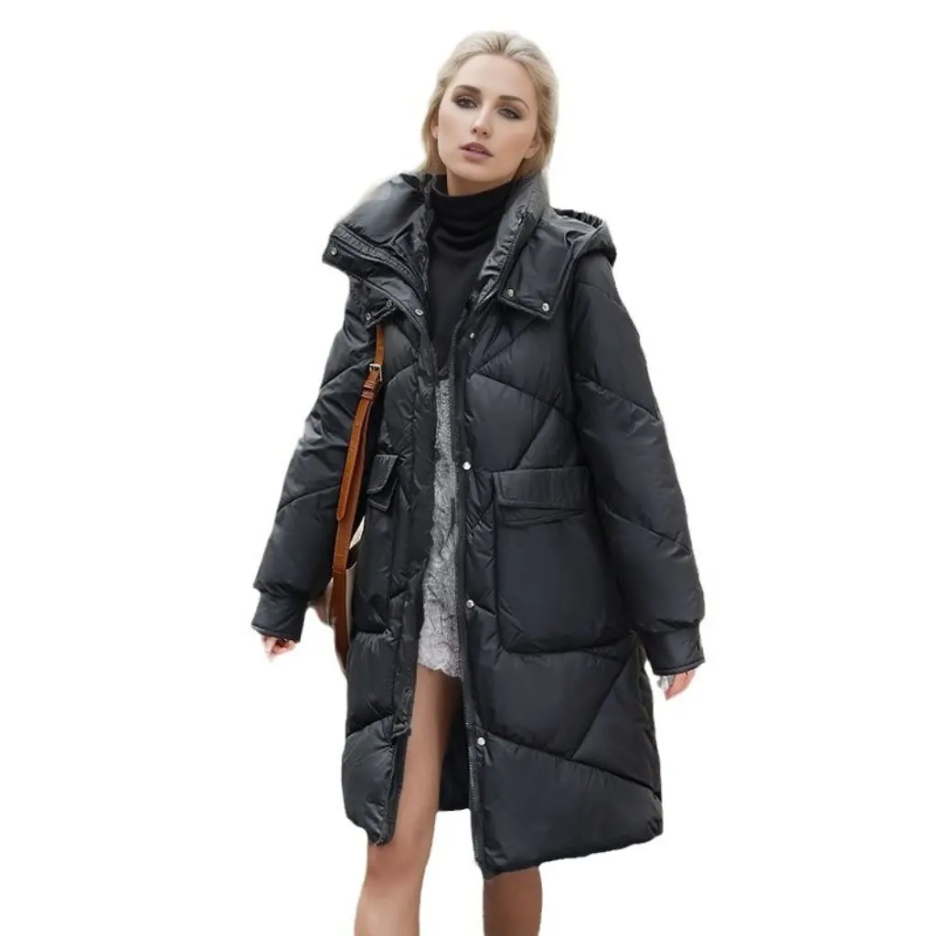 เสื้อแจ็คเก็ตผ้าฝ้ายบุสำหรับผู้หญิง ความยาวปานกลาง คลุมเข่า สไตล์เกาหลี พร้อมหมวกถอดได้ แบบเรียบง่าย มีสินค้าพร้อมส่ง